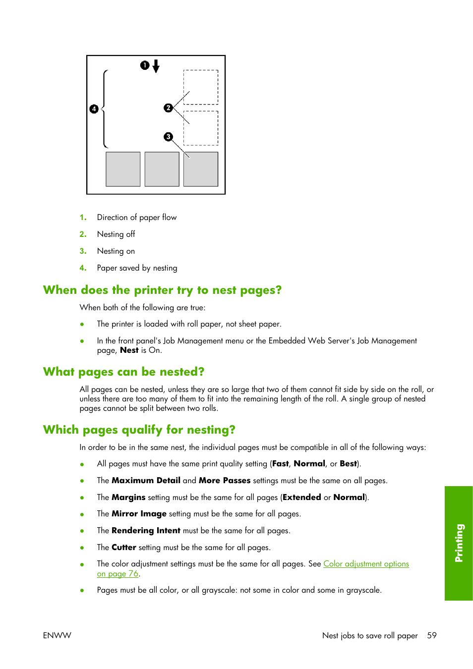When does the printer try to nest pages, What pages can be nested, Which pages qualify for nesting | HP Designjet Z3100 Photo Printer series User Manual | Page 69 / 221
