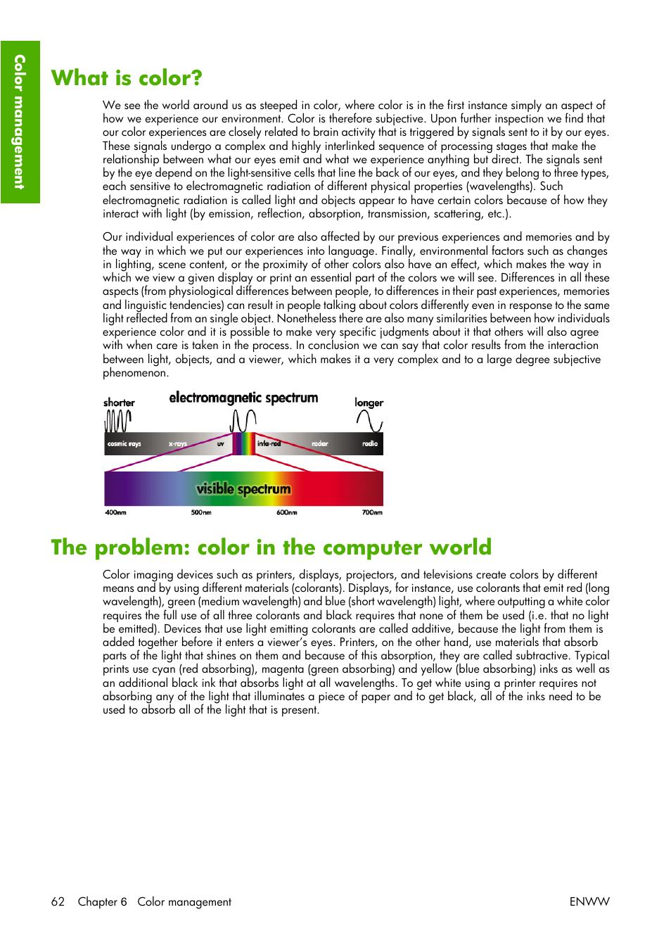 What is color, The problem: color in the computer world | HP Designjet Z3100 Photo Printer series User Manual | Page 72 / 221