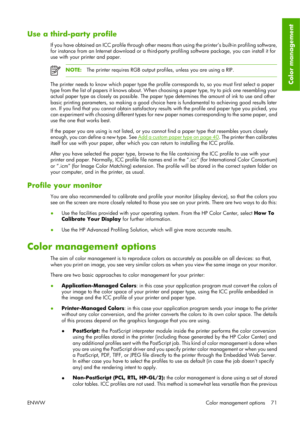 Use a third-party profile, Profile your monitor, Color management options | Use a third-party profile profile your monitor | HP Designjet Z3100 Photo Printer series User Manual | Page 81 / 221