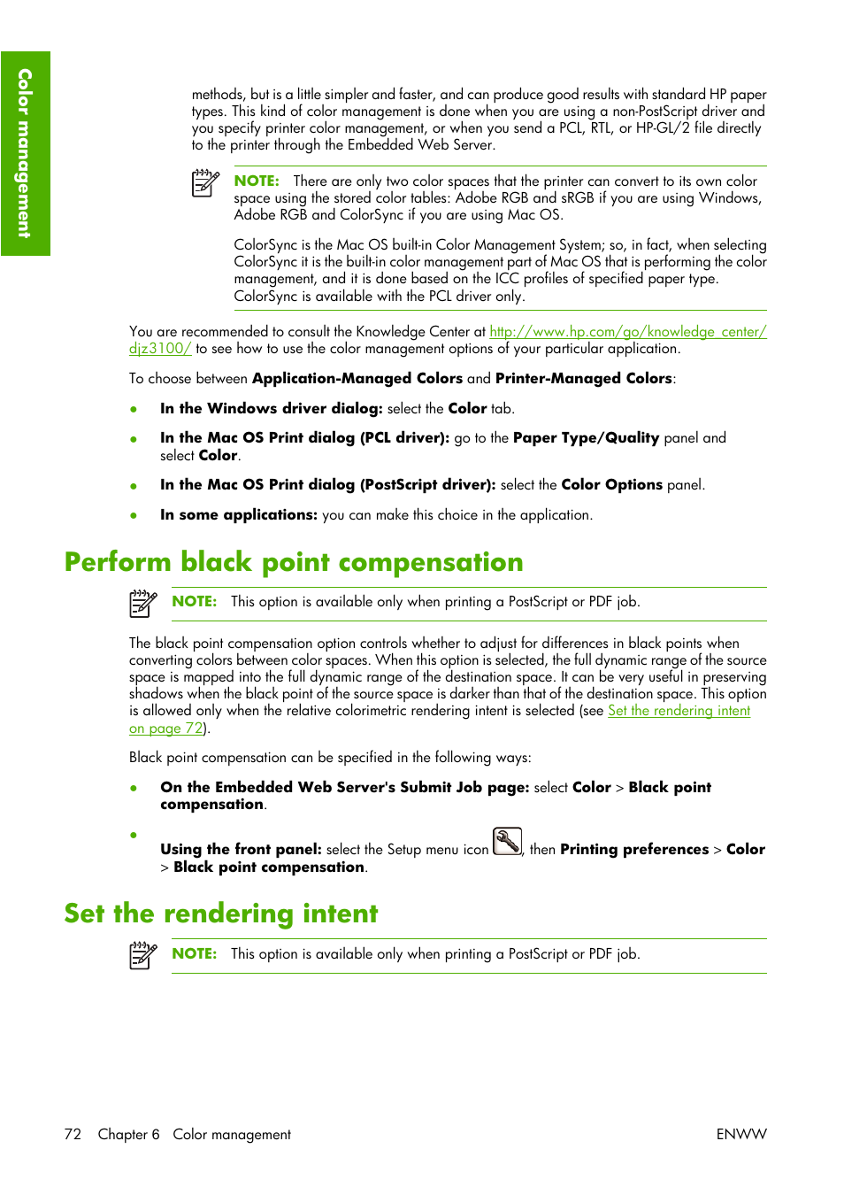 Perform black point compensation, Set the rendering intent | HP Designjet Z3100 Photo Printer series User Manual | Page 82 / 221