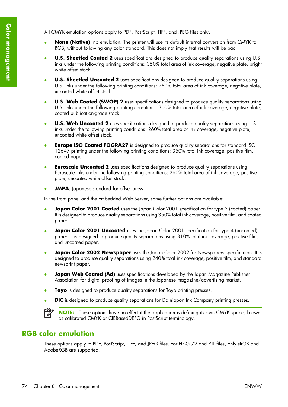 Rgb color emulation | HP Designjet Z3100 Photo Printer series User Manual | Page 84 / 221