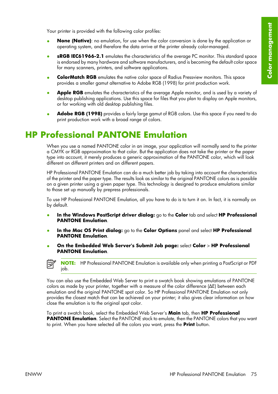 Hp professional pantone emulation | HP Designjet Z3100 Photo Printer series User Manual | Page 85 / 221