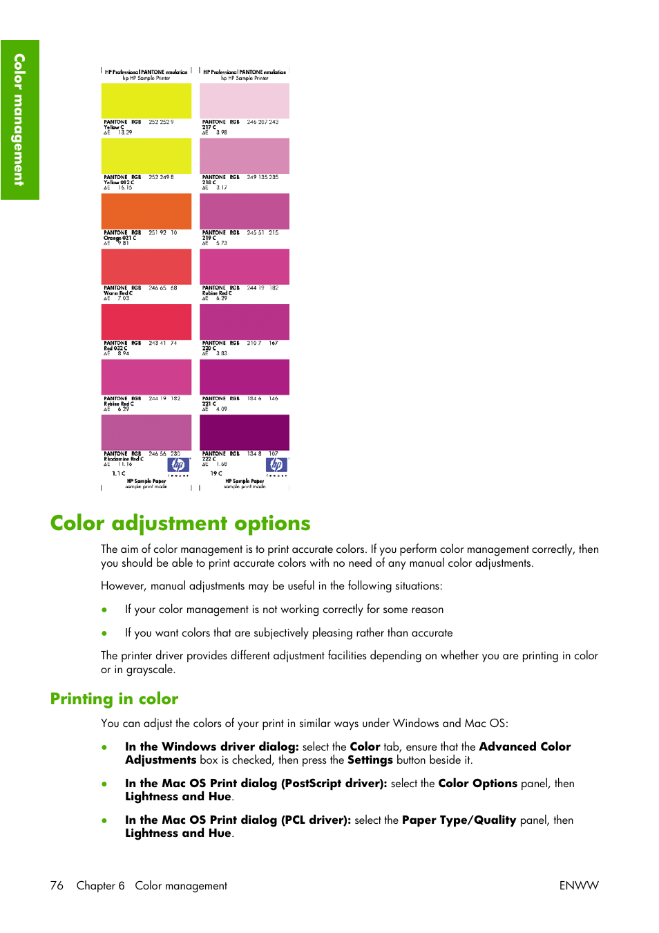 Color adjustment options, Printing in color | HP Designjet Z3100 Photo Printer series User Manual | Page 86 / 221