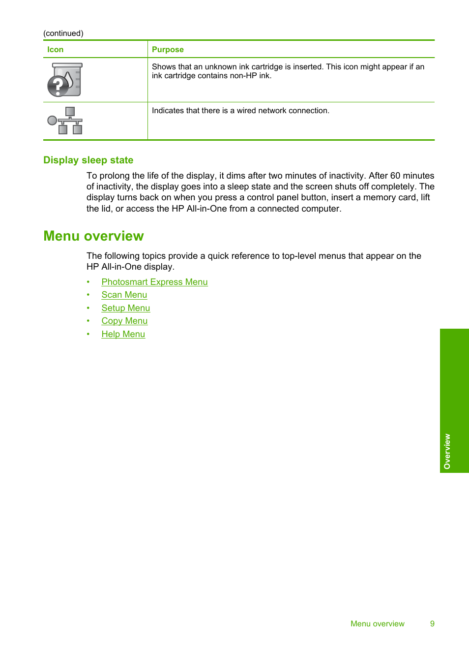 Display sleep state, Menu overview | HP Photosmart C6280 All-in-One Printer User Manual | Page 10 / 189