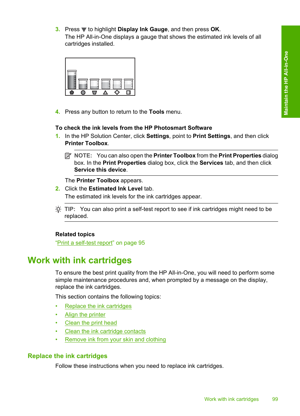 Work with ink cartridges, Replace the ink cartridges | HP Photosmart C6280 All-in-One Printer User Manual | Page 100 / 189