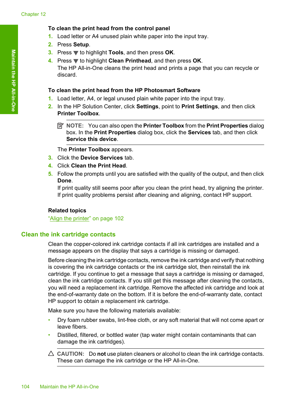 Clean the ink cartridge contacts | HP Photosmart C6280 All-in-One Printer User Manual | Page 105 / 189
