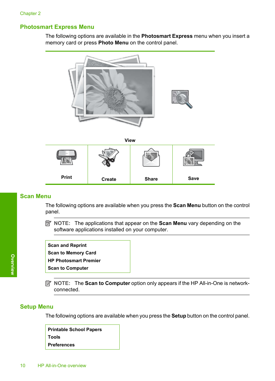 Photosmart express menu, Scan menu, Setup menu | HP Photosmart C6280 All-in-One Printer User Manual | Page 11 / 189
