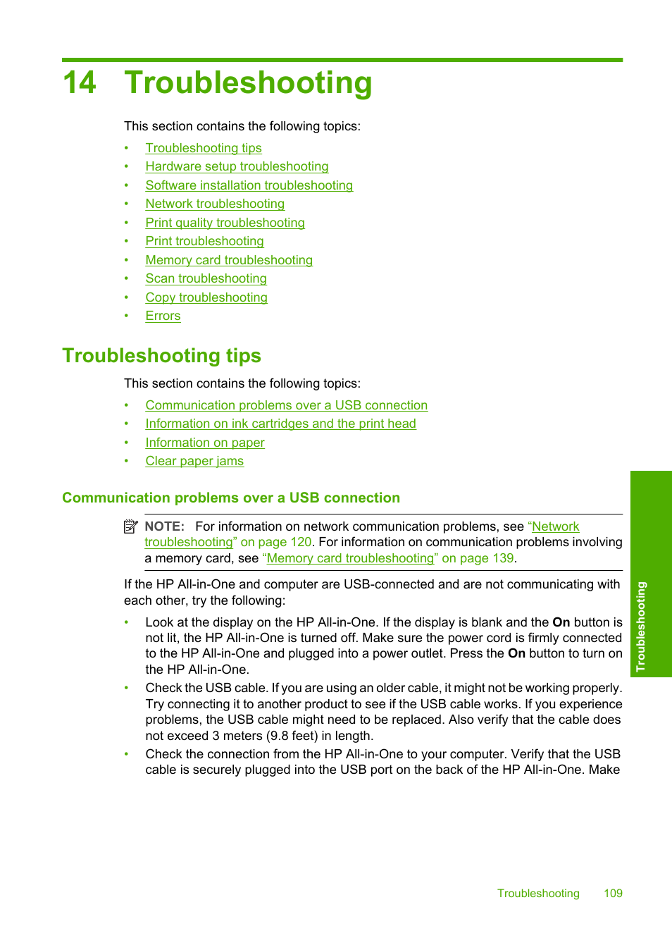 Troubleshooting, Troubleshooting tips, Communication problems over a usb connection | 14 troubleshooting | HP Photosmart C6280 All-in-One Printer User Manual | Page 110 / 189
