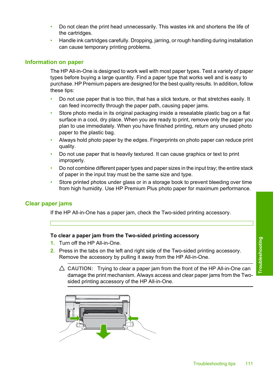 Information on paper, Clear paper jams | HP Photosmart C6280 All-in-One Printer User Manual | Page 112 / 189