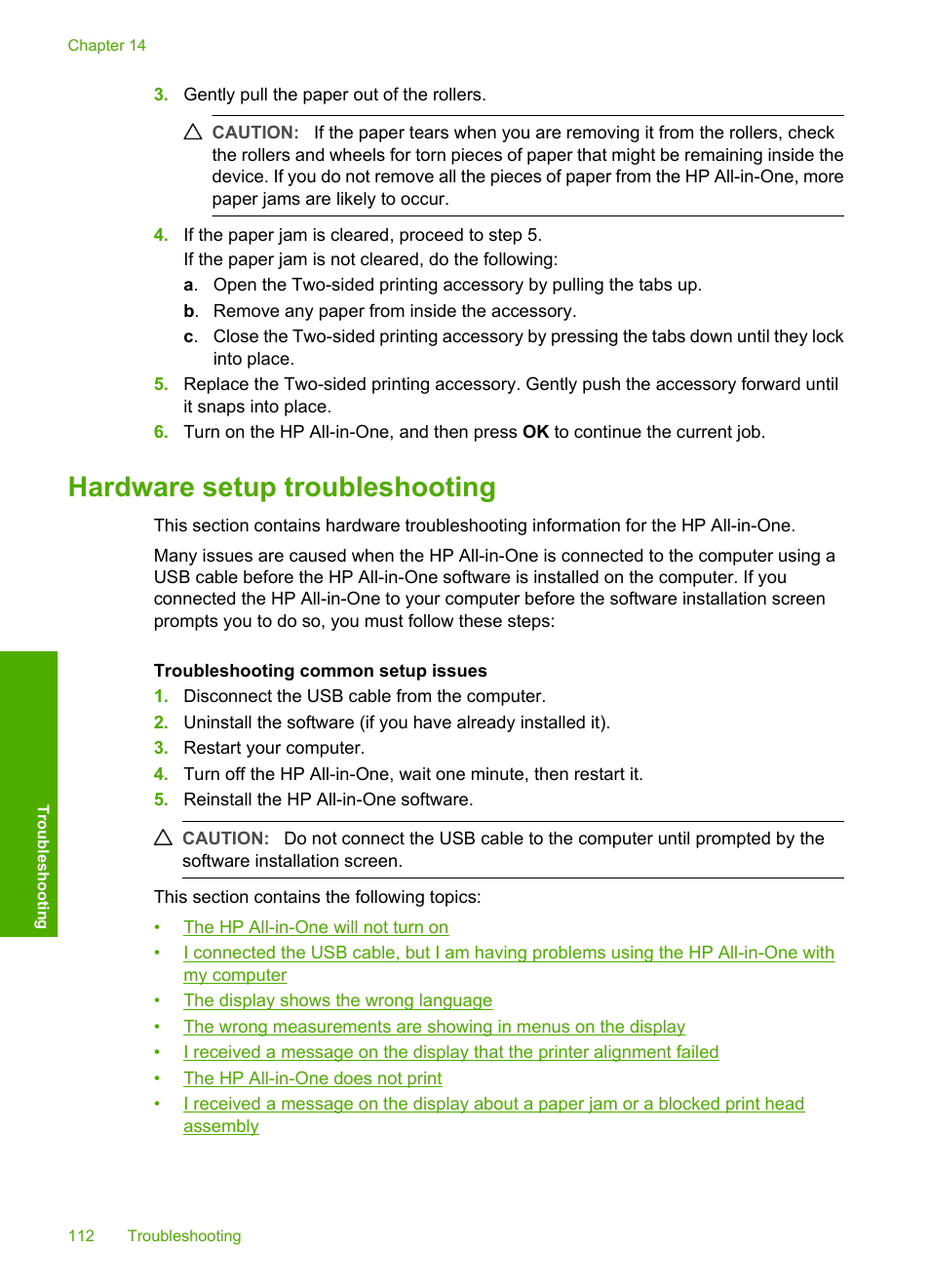 Hardware setup troubleshooting | HP Photosmart C6280 All-in-One Printer User Manual | Page 113 / 189