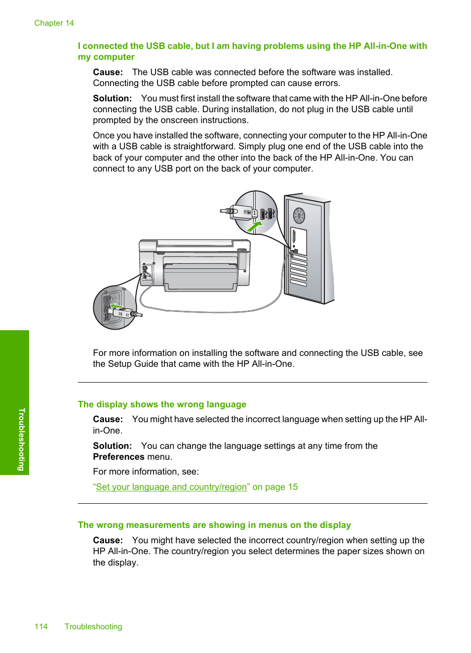 The display shows the wrong language | HP Photosmart C6280 All-in-One Printer User Manual | Page 115 / 189