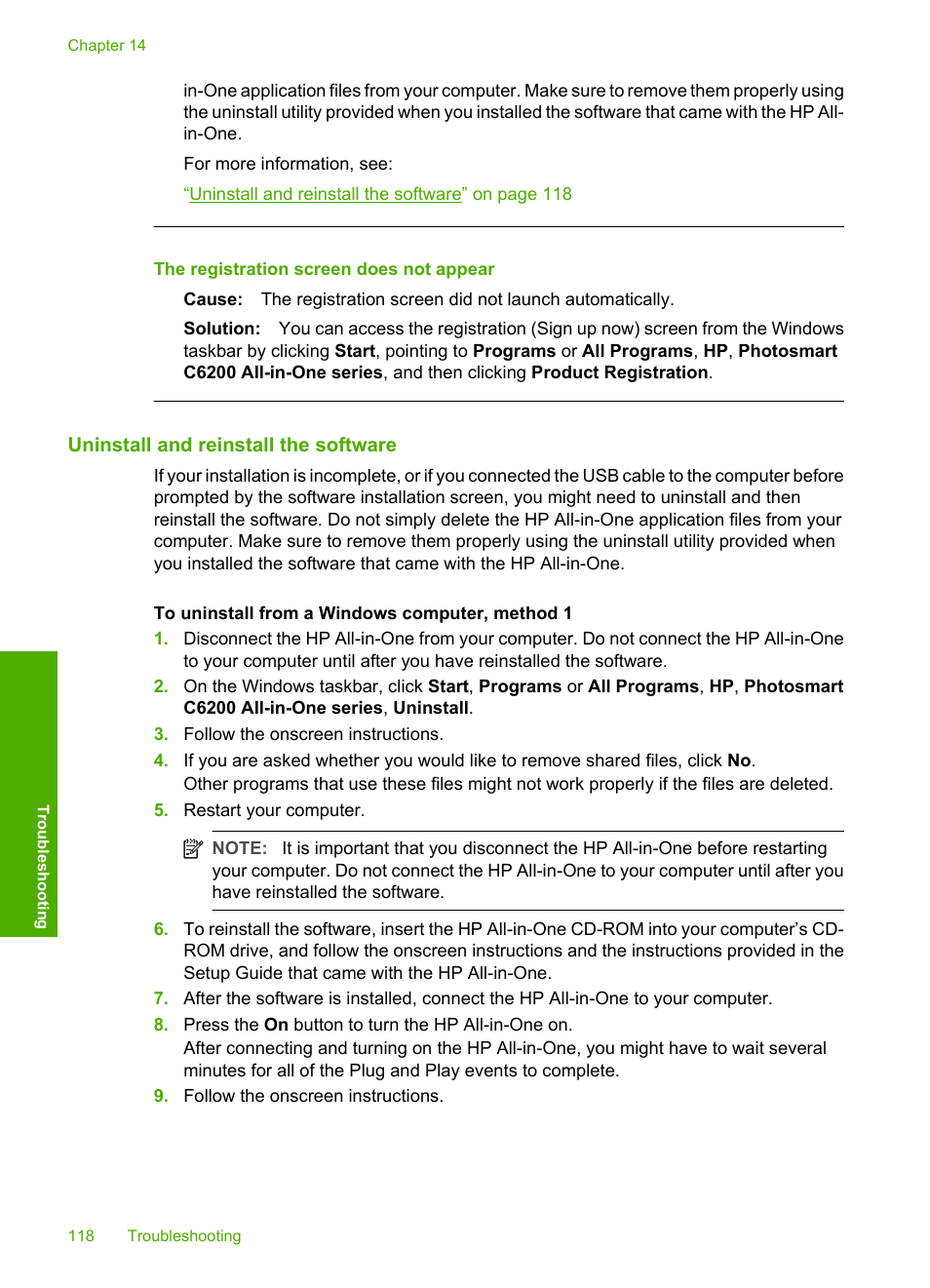 Uninstall and reinstall the software, The registration screen does not appear | HP Photosmart C6280 All-in-One Printer User Manual | Page 119 / 189