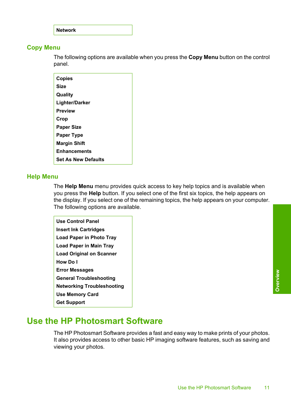 Copy menu, Help menu, Use the hp photosmart software | HP Photosmart C6280 All-in-One Printer User Manual | Page 12 / 189