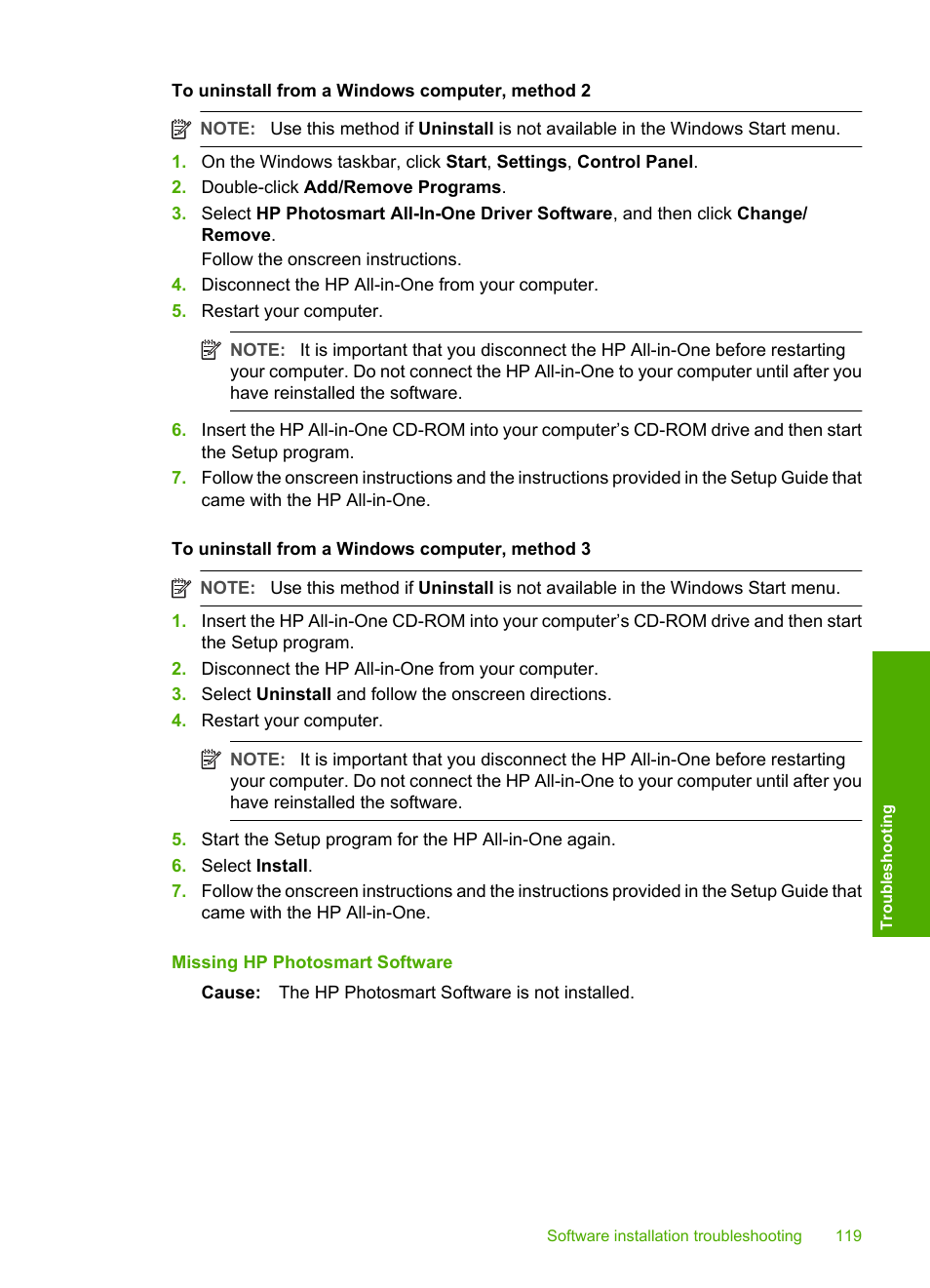 Missing hp photosmart software | HP Photosmart C6280 All-in-One Printer User Manual | Page 120 / 189