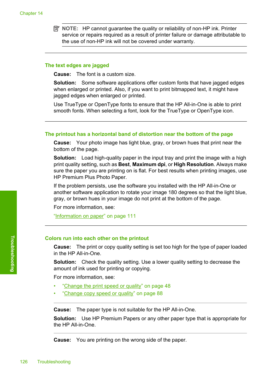 The text edges are jagged, Colors run into each other on the printout | HP Photosmart C6280 All-in-One Printer User Manual | Page 127 / 189