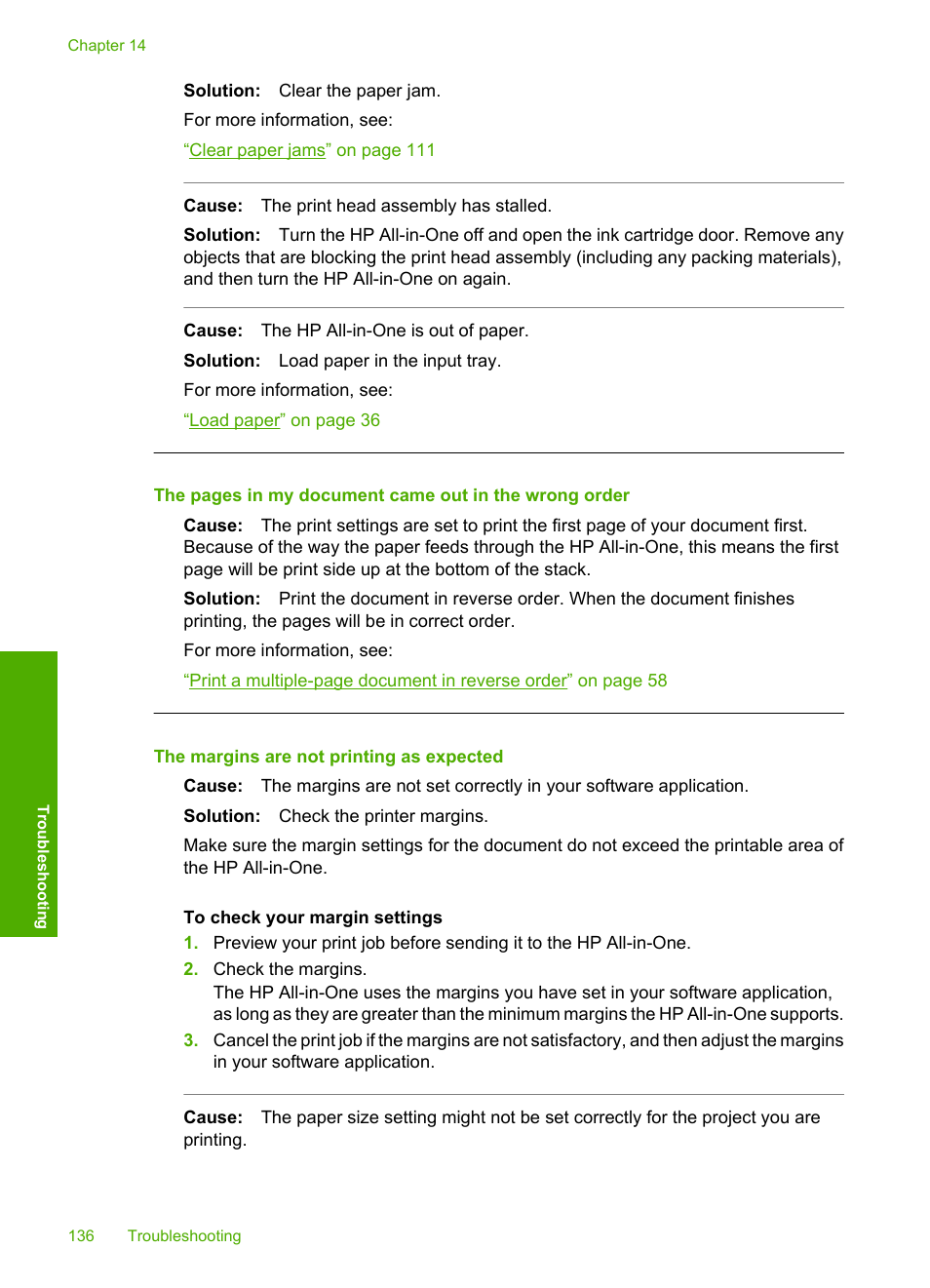 The margins are not printing as expected | HP Photosmart C6280 All-in-One Printer User Manual | Page 137 / 189