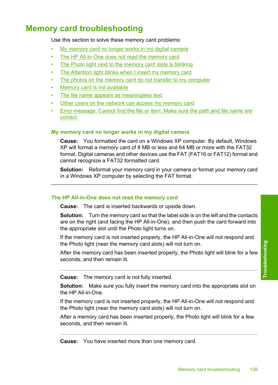 Memory card troubleshooting | HP Photosmart C6280 All-in-One Printer User Manual | Page 140 / 189