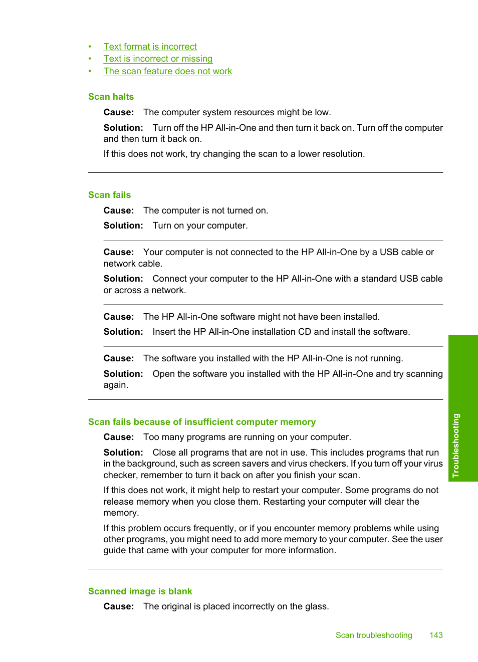 Scan halts, Scan fails, Scan fails because of insufficient computer memory | Scanned image is blank | HP Photosmart C6280 All-in-One Printer User Manual | Page 144 / 189