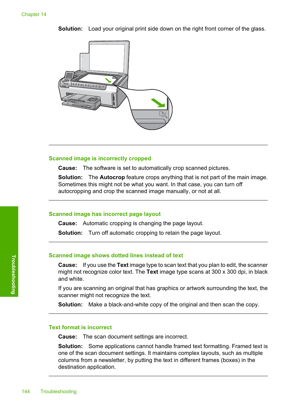 Scanned image is incorrectly cropped, Scanned image shows dotted lines instead of text | HP Photosmart C6280 All-in-One Printer User Manual | Page 145 / 189