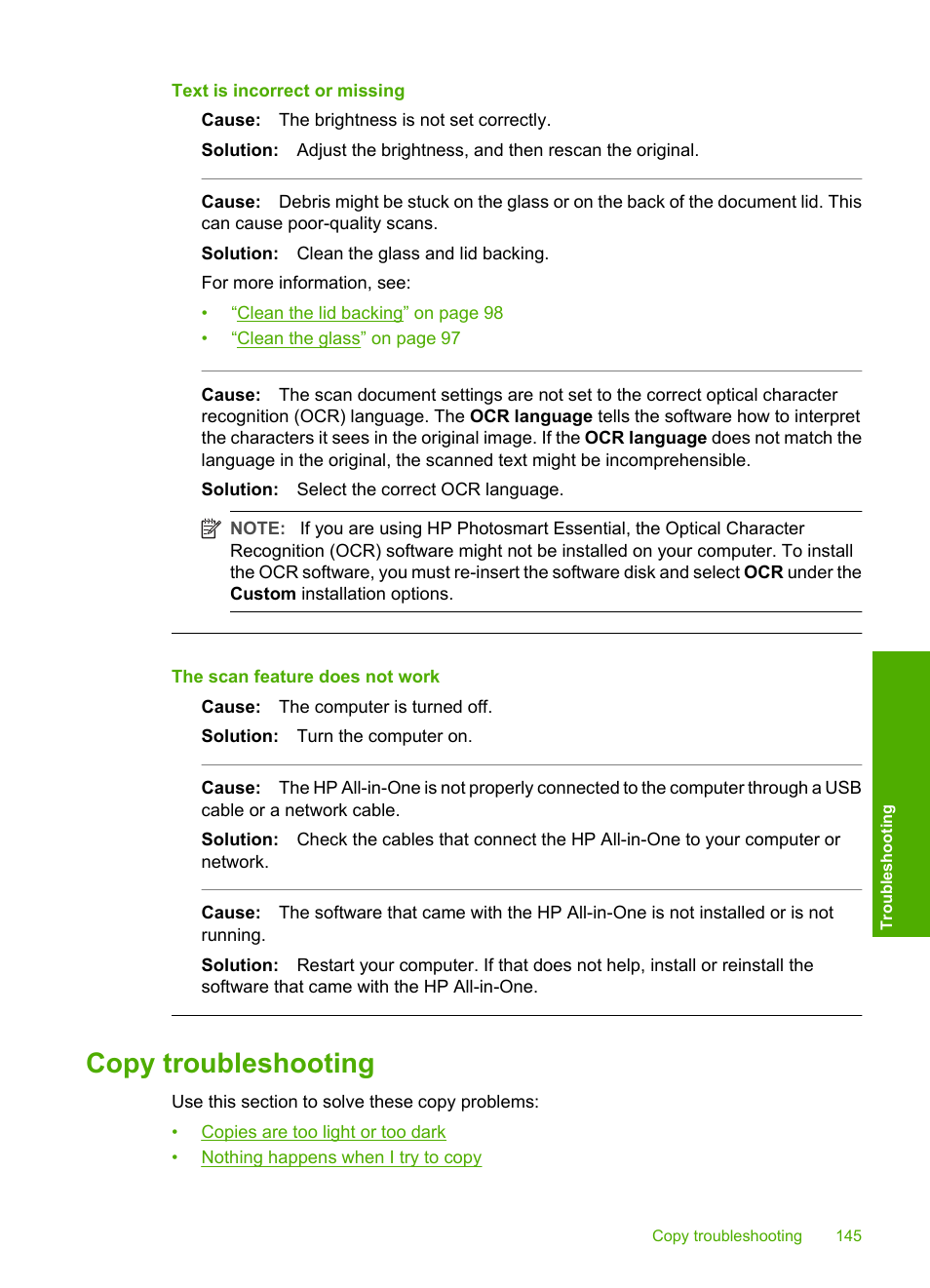Copy troubleshooting | HP Photosmart C6280 All-in-One Printer User Manual | Page 146 / 189
