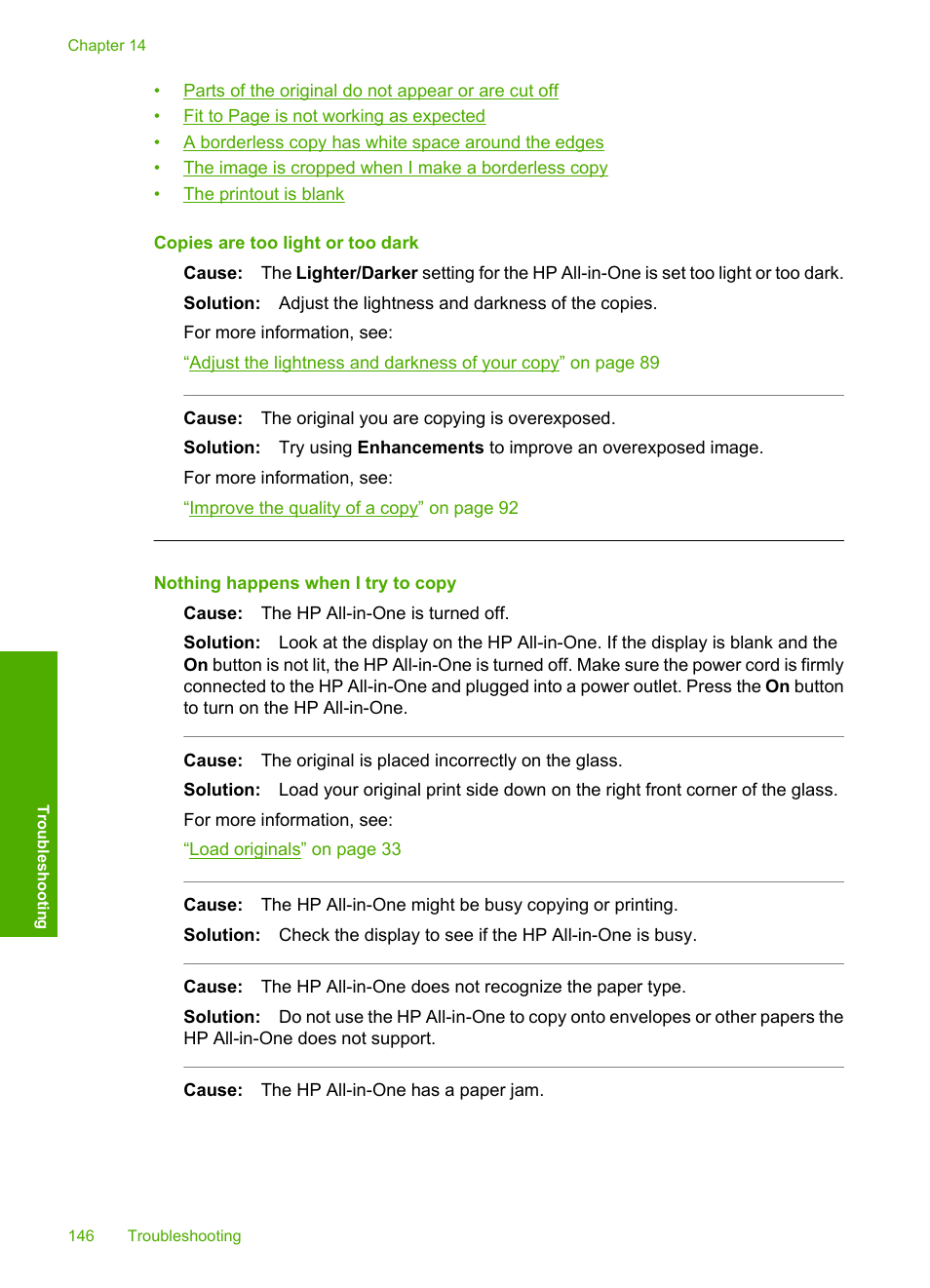 Copies are too light or too dark, Nothing happens when i try to copy | HP Photosmart C6280 All-in-One Printer User Manual | Page 147 / 189