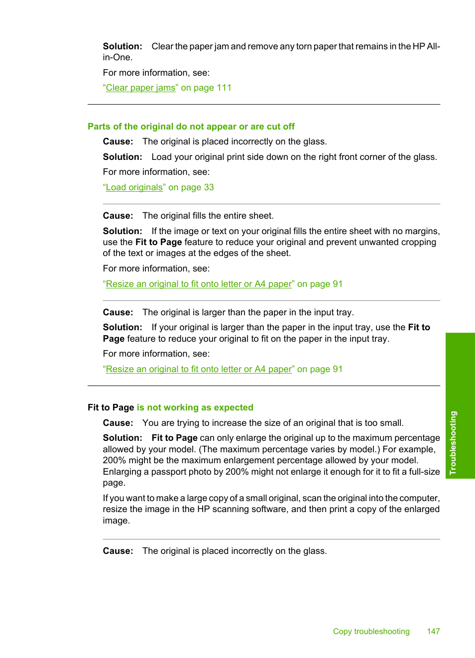 Parts of the original do not appear or are cut off | HP Photosmart C6280 All-in-One Printer User Manual | Page 148 / 189