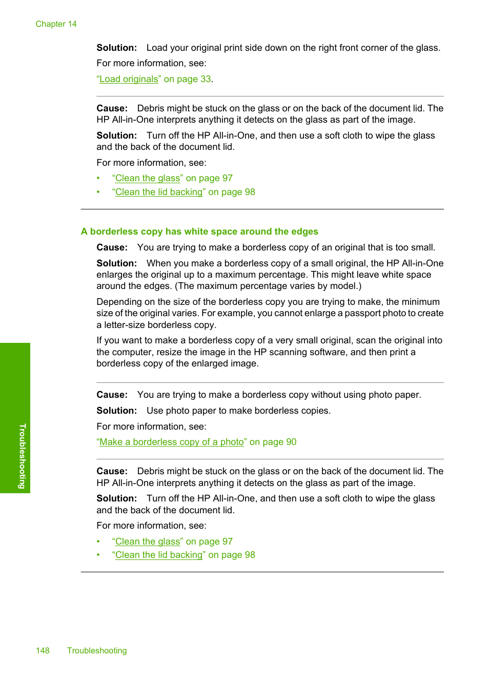 A borderless copy has white space around the edges | HP Photosmart C6280 All-in-One Printer User Manual | Page 149 / 189