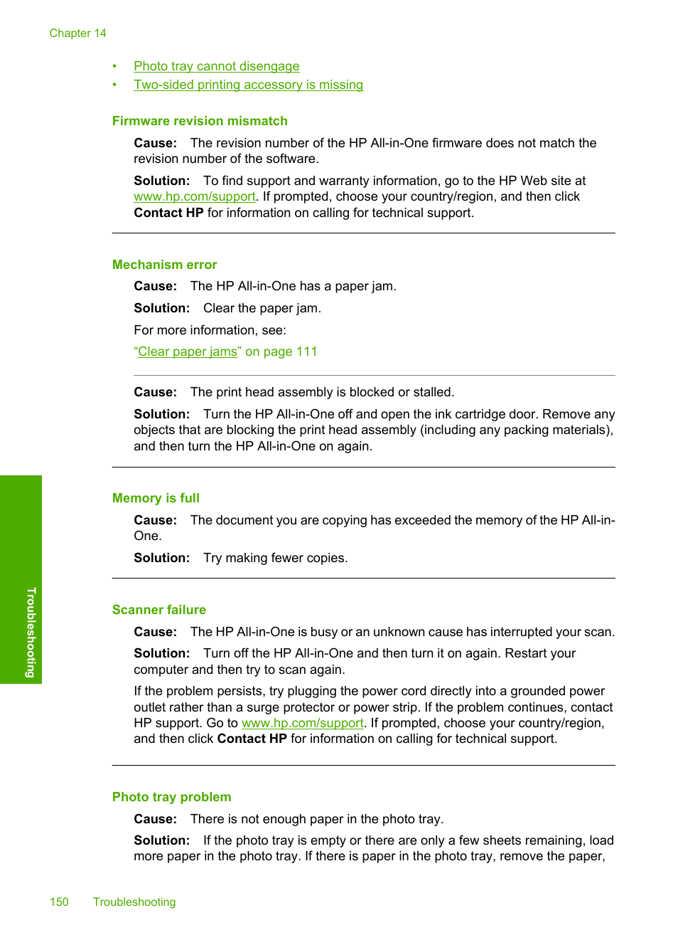 Firmware revision mismatch, Mechanism error, Memory is full | Scanner failure, Photo tray problem | HP Photosmart C6280 All-in-One Printer User Manual | Page 151 / 189