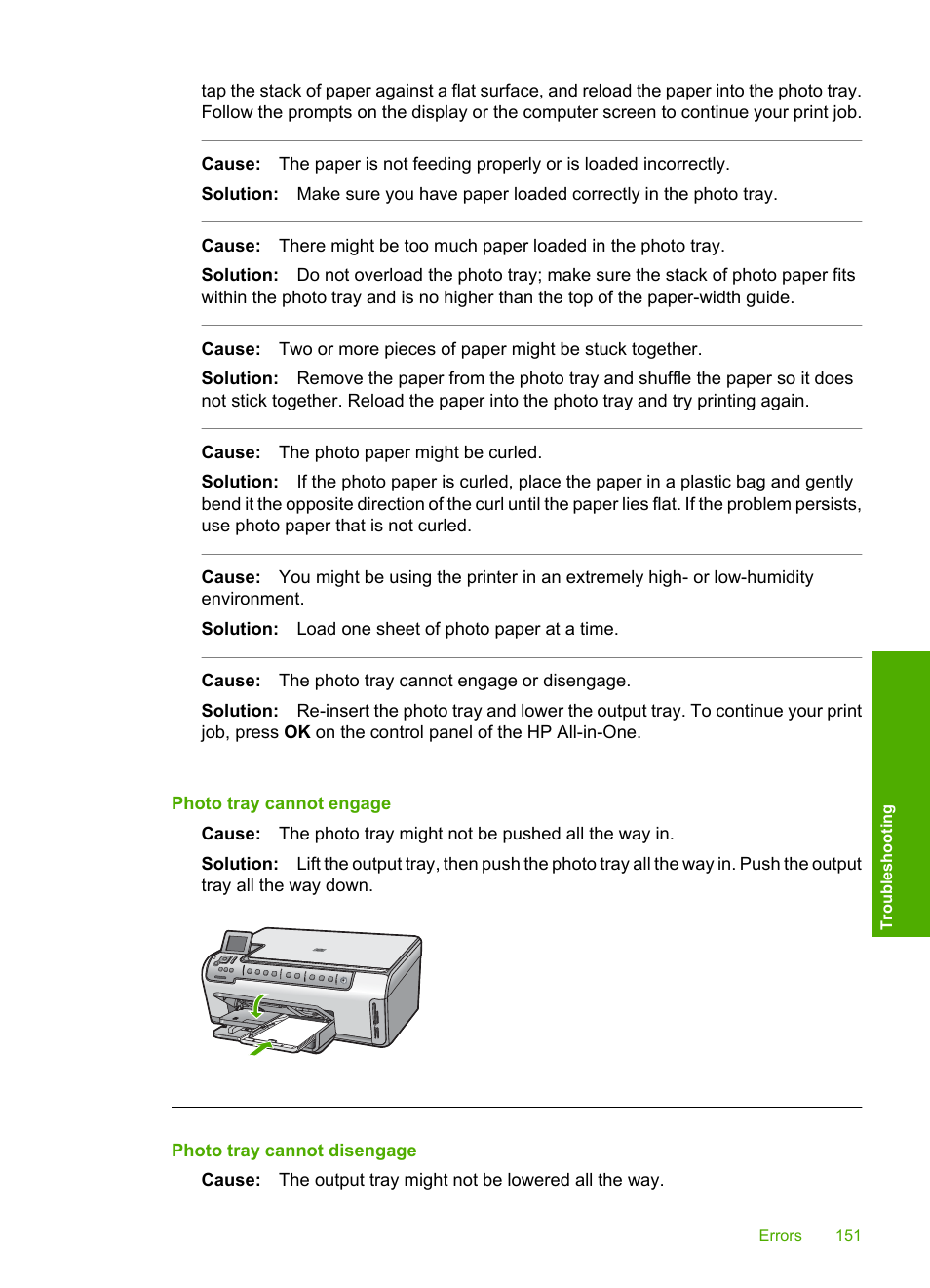 Photo tray cannot engage | HP Photosmart C6280 All-in-One Printer User Manual | Page 152 / 189