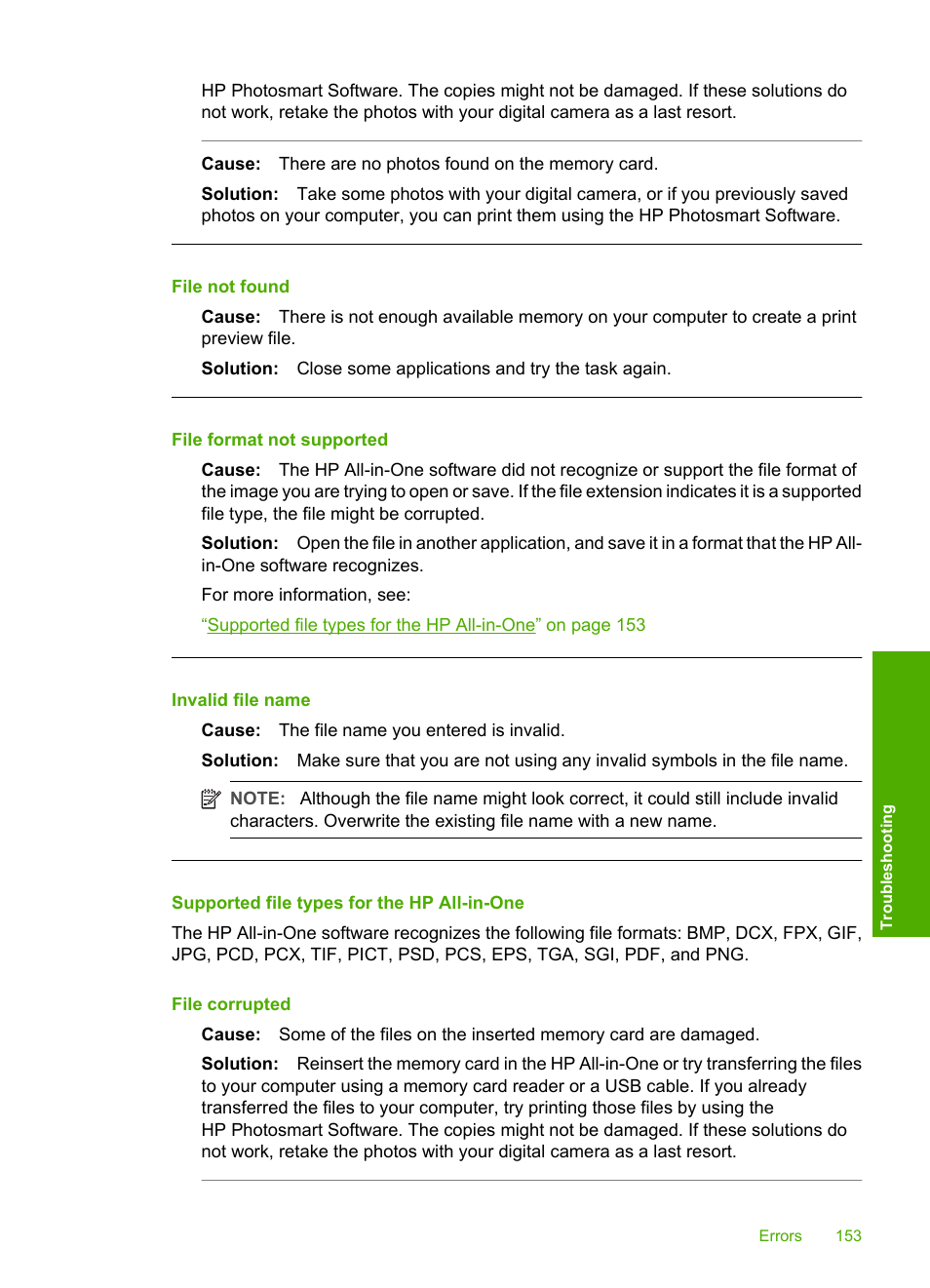 Supported file types for the hp all-in-one, File not found, File format not supported | Invalid file name, File corrupted | HP Photosmart C6280 All-in-One Printer User Manual | Page 154 / 189