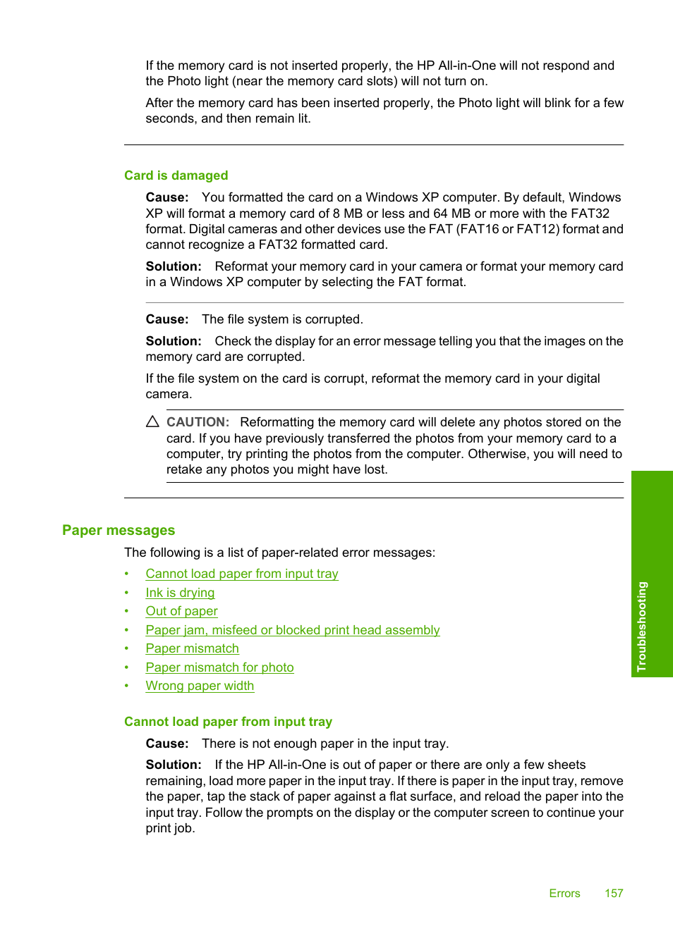 Paper messages, Card is damaged | HP Photosmart C6280 All-in-One Printer User Manual | Page 158 / 189