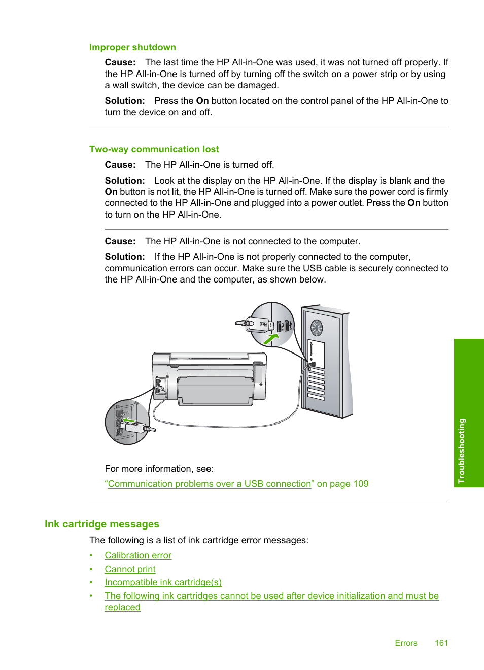 Ink cartridge messages, Improper shutdown, Two-way communication lost | HP Photosmart C6280 All-in-One Printer User Manual | Page 162 / 189
