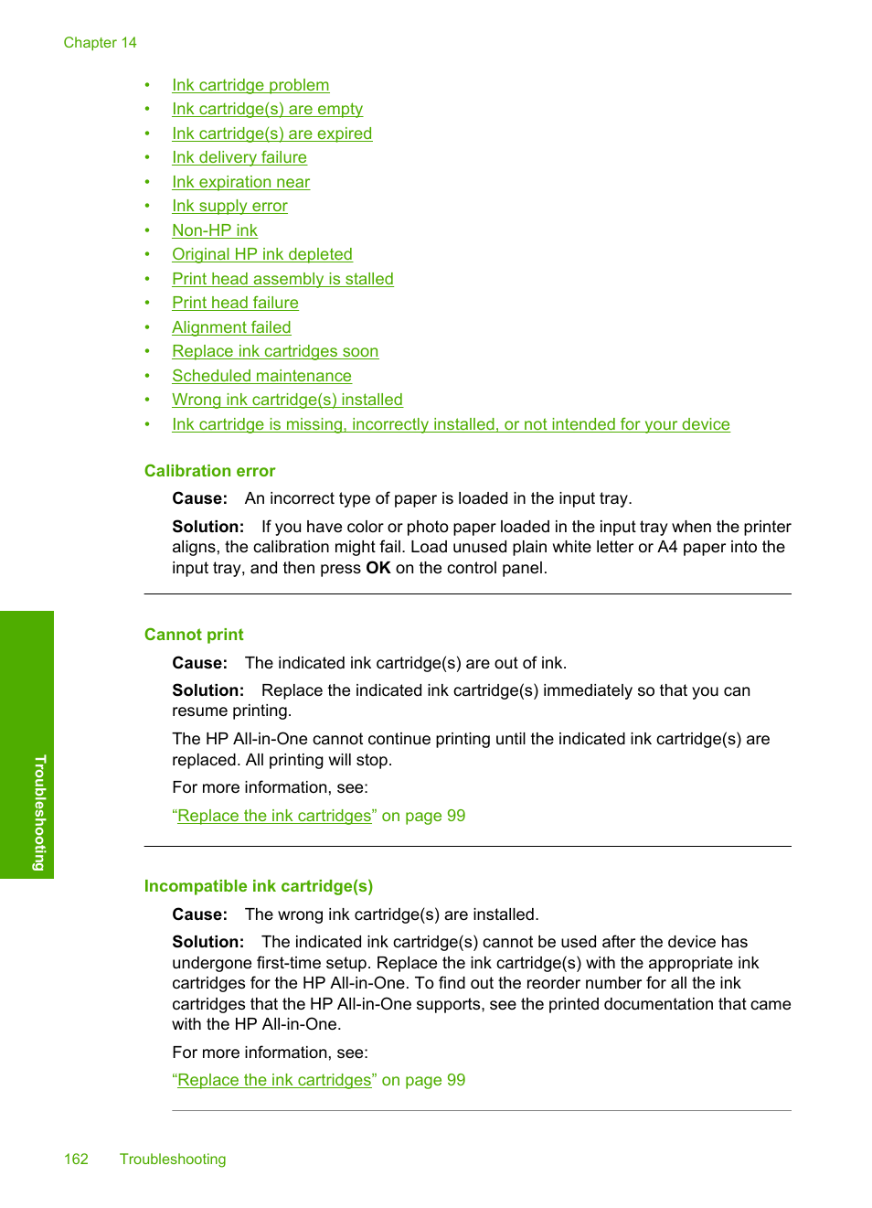 Calibration error, Cannot print, Incompatible ink cartridge(s) | HP Photosmart C6280 All-in-One Printer User Manual | Page 163 / 189