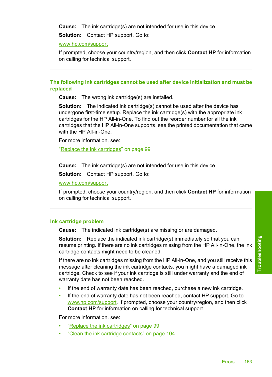 Ink cartridge problem | HP Photosmart C6280 All-in-One Printer User Manual | Page 164 / 189