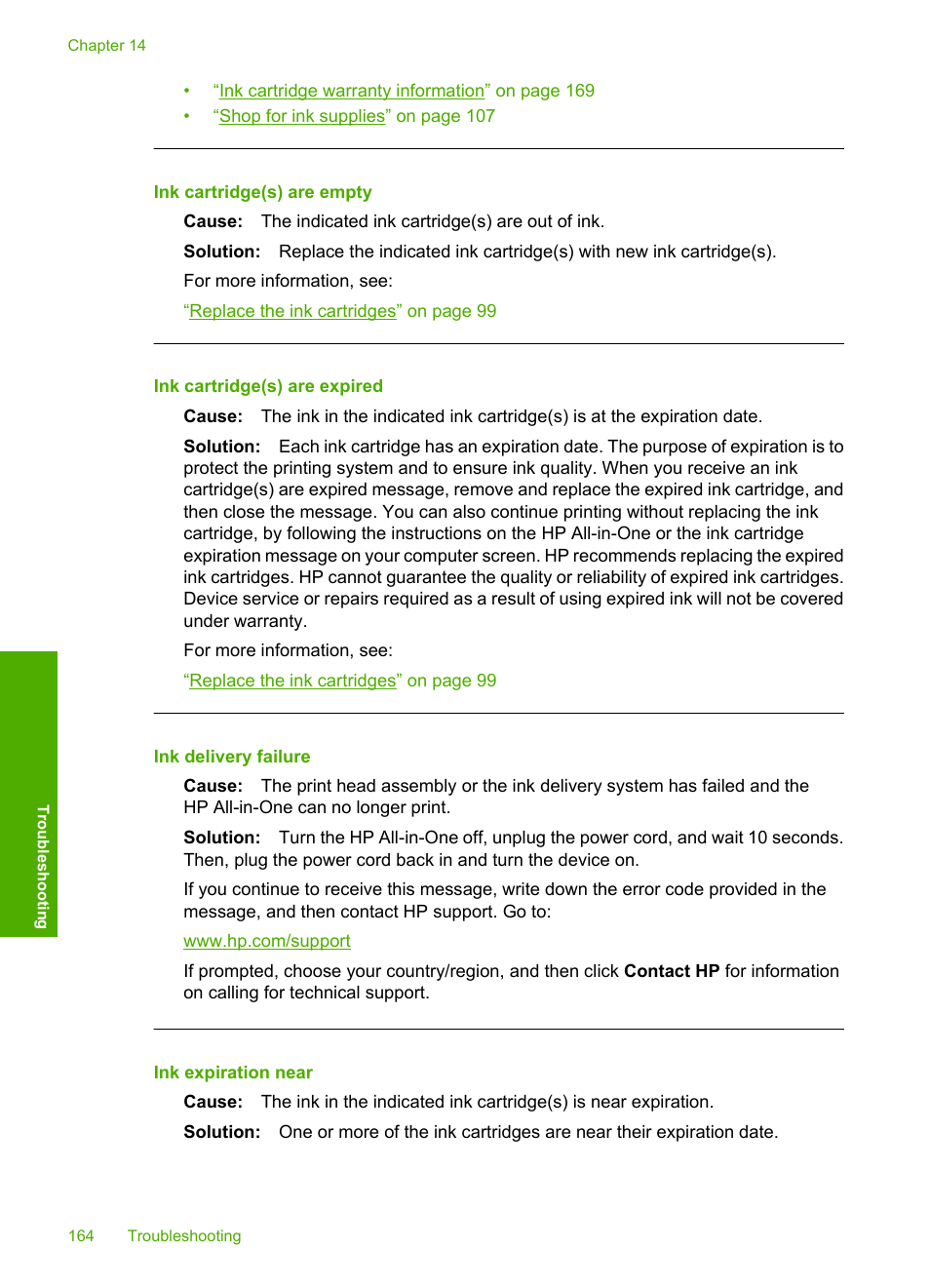 Ink cartridge(s) are empty, Ink cartridge(s) are expired, Ink delivery failure | Ink expiration near | HP Photosmart C6280 All-in-One Printer User Manual | Page 165 / 189