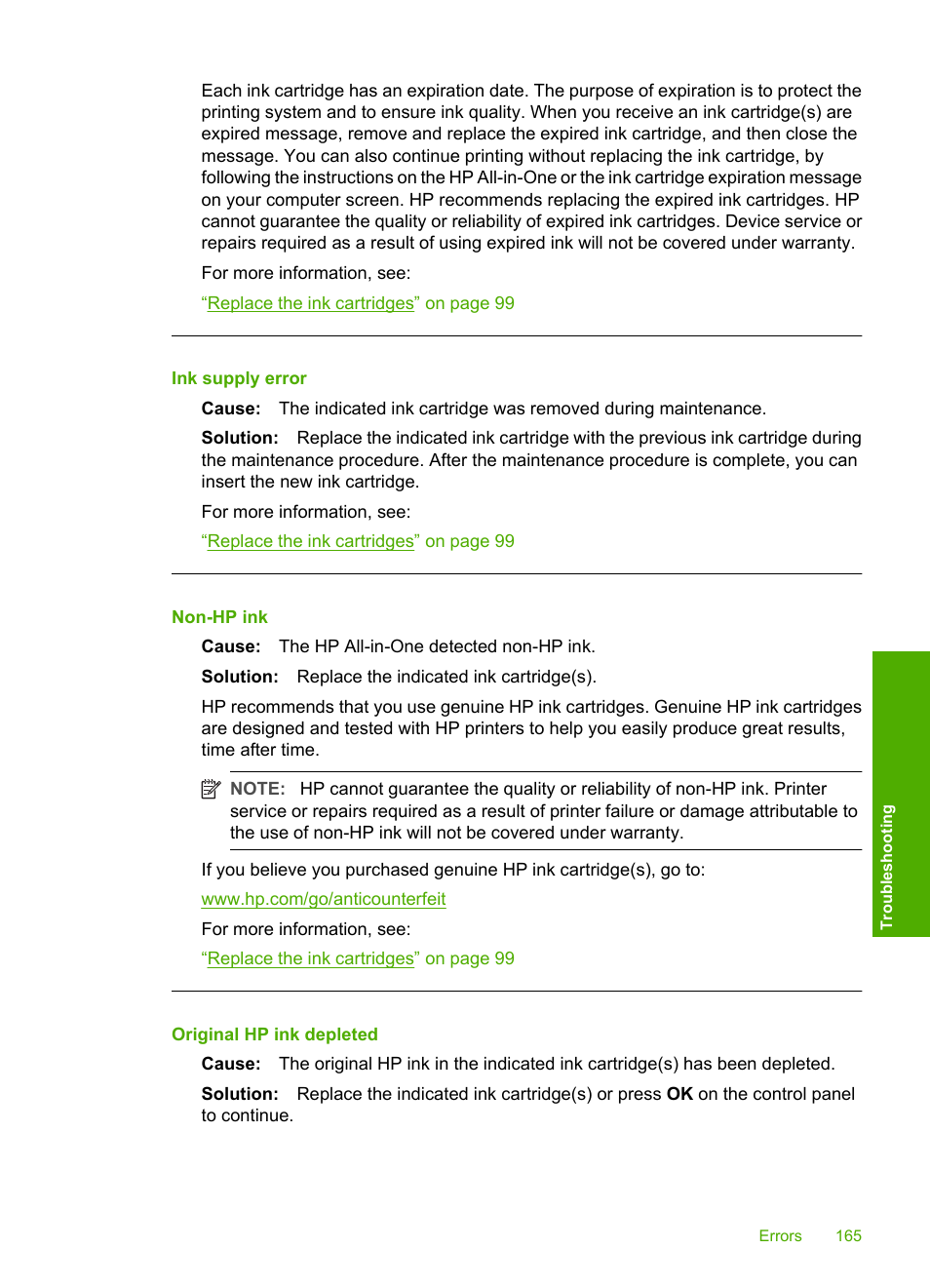 Ink supply error, Non-hp ink, Original hp ink depleted | HP Photosmart C6280 All-in-One Printer User Manual | Page 166 / 189