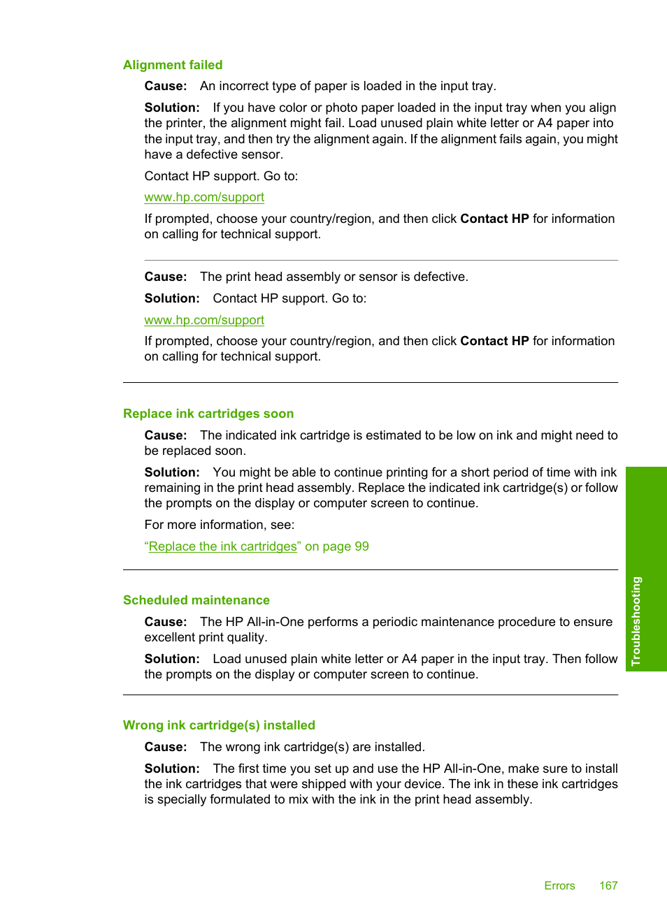 Alignment failed, Replace ink cartridges soon, Scheduled maintenance | Wrong ink cartridge(s) installed | HP Photosmart C6280 All-in-One Printer User Manual | Page 168 / 189