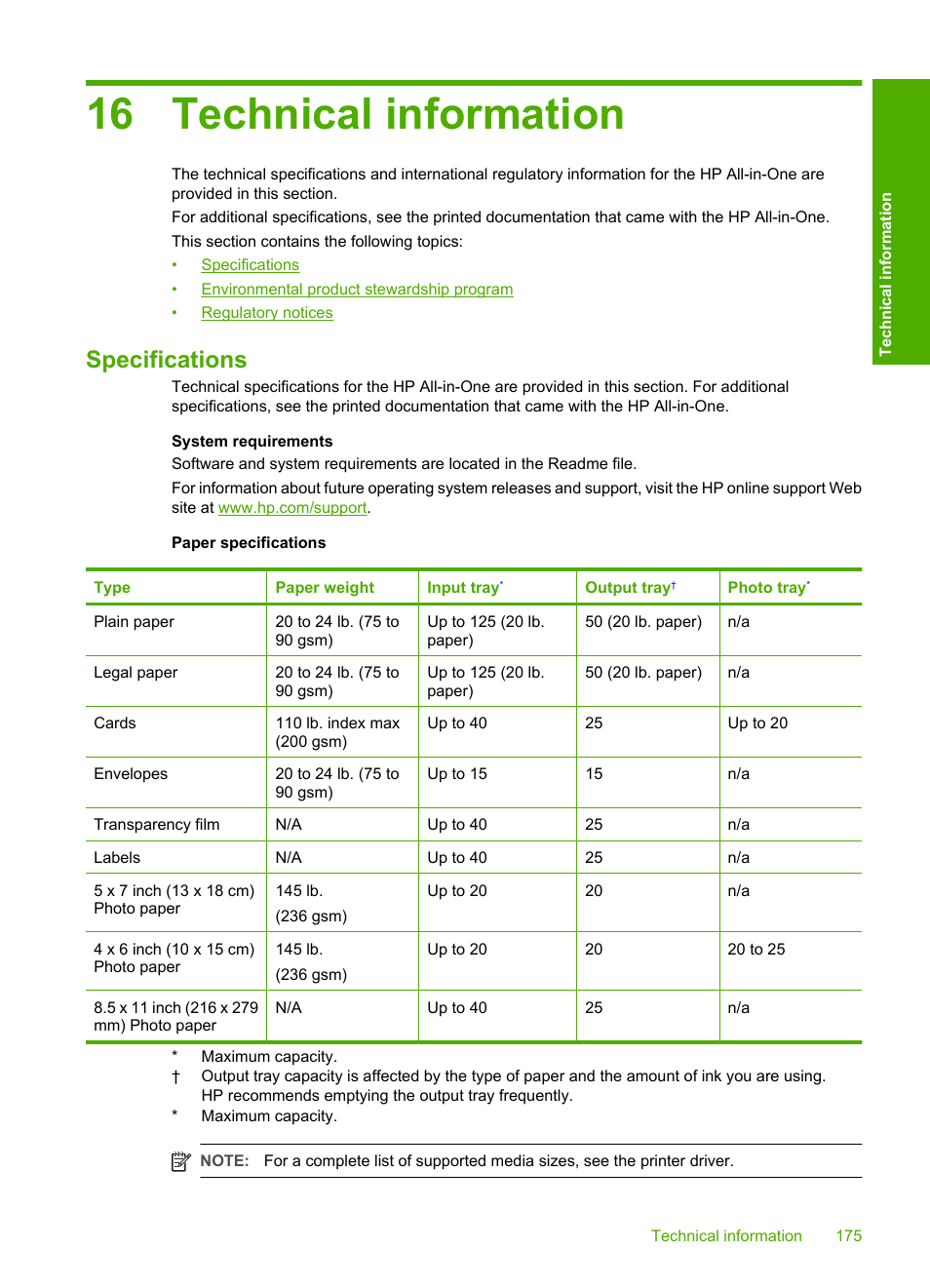 Technical information, Specifications, 16 technical information | HP Photosmart C6280 All-in-One Printer User Manual | Page 176 / 189
