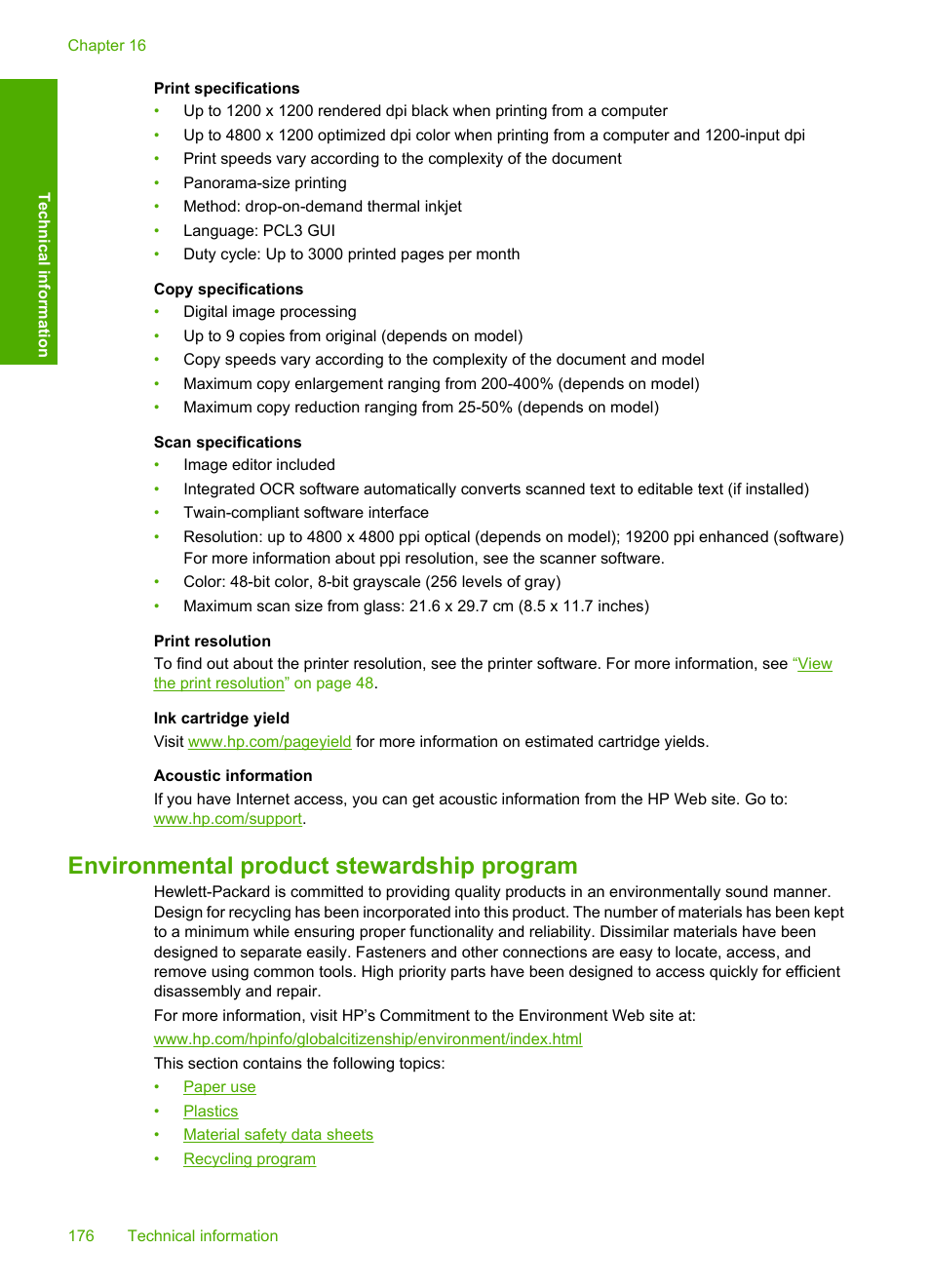 Environmental product stewardship program | HP Photosmart C6280 All-in-One Printer User Manual | Page 177 / 189