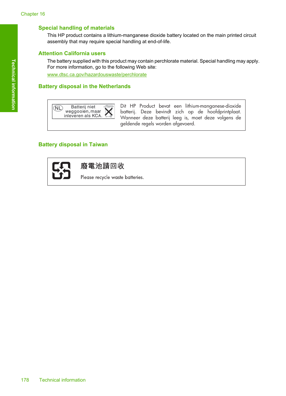 Special handling of materials, Attention california users, Battery disposal in the netherlands | Battery disposal in taiwan | HP Photosmart C6280 All-in-One Printer User Manual | Page 179 / 189
