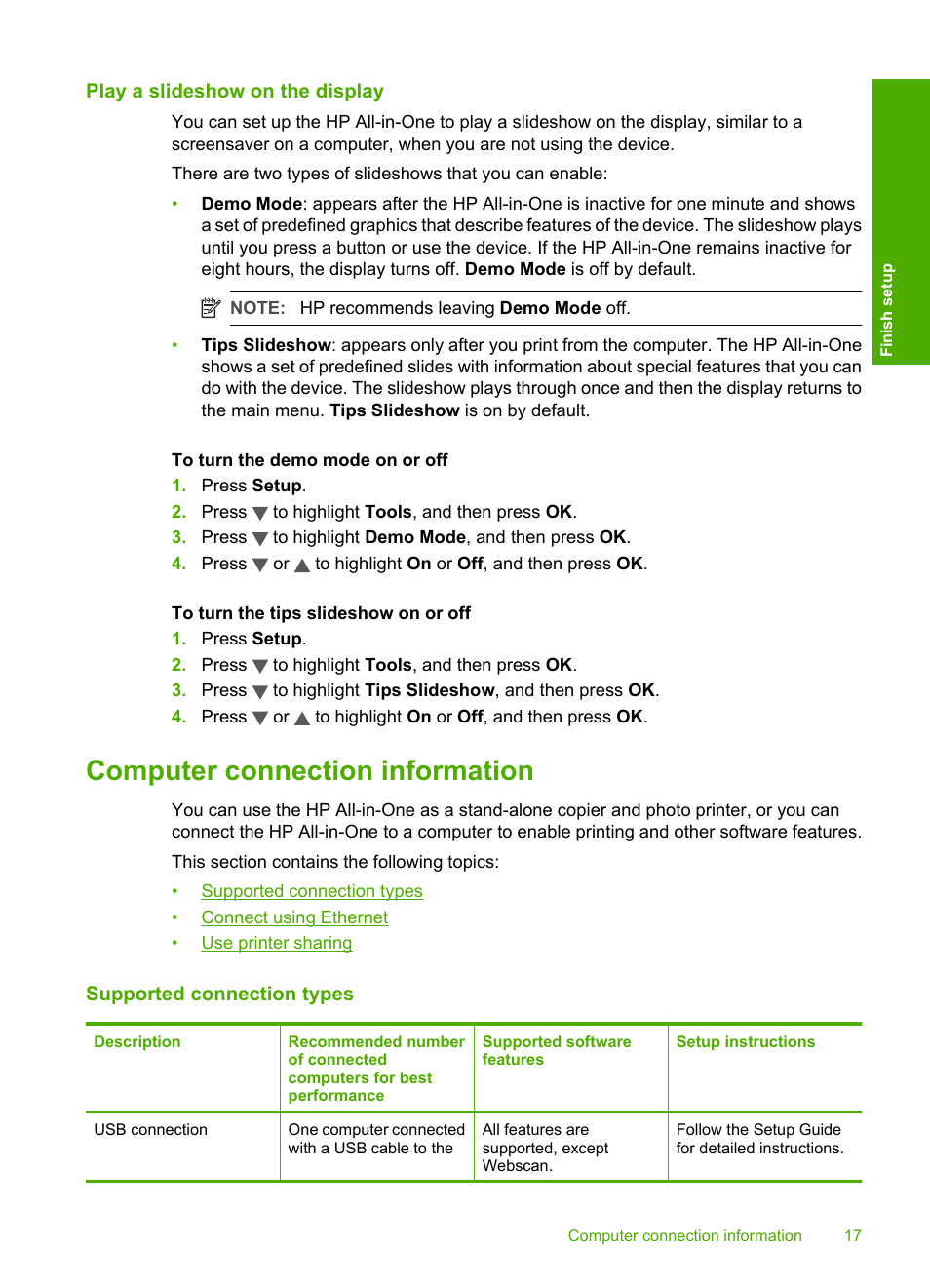 Play a slideshow on the display, Computer connection information, Supported connection types | HP Photosmart C6280 All-in-One Printer User Manual | Page 18 / 189