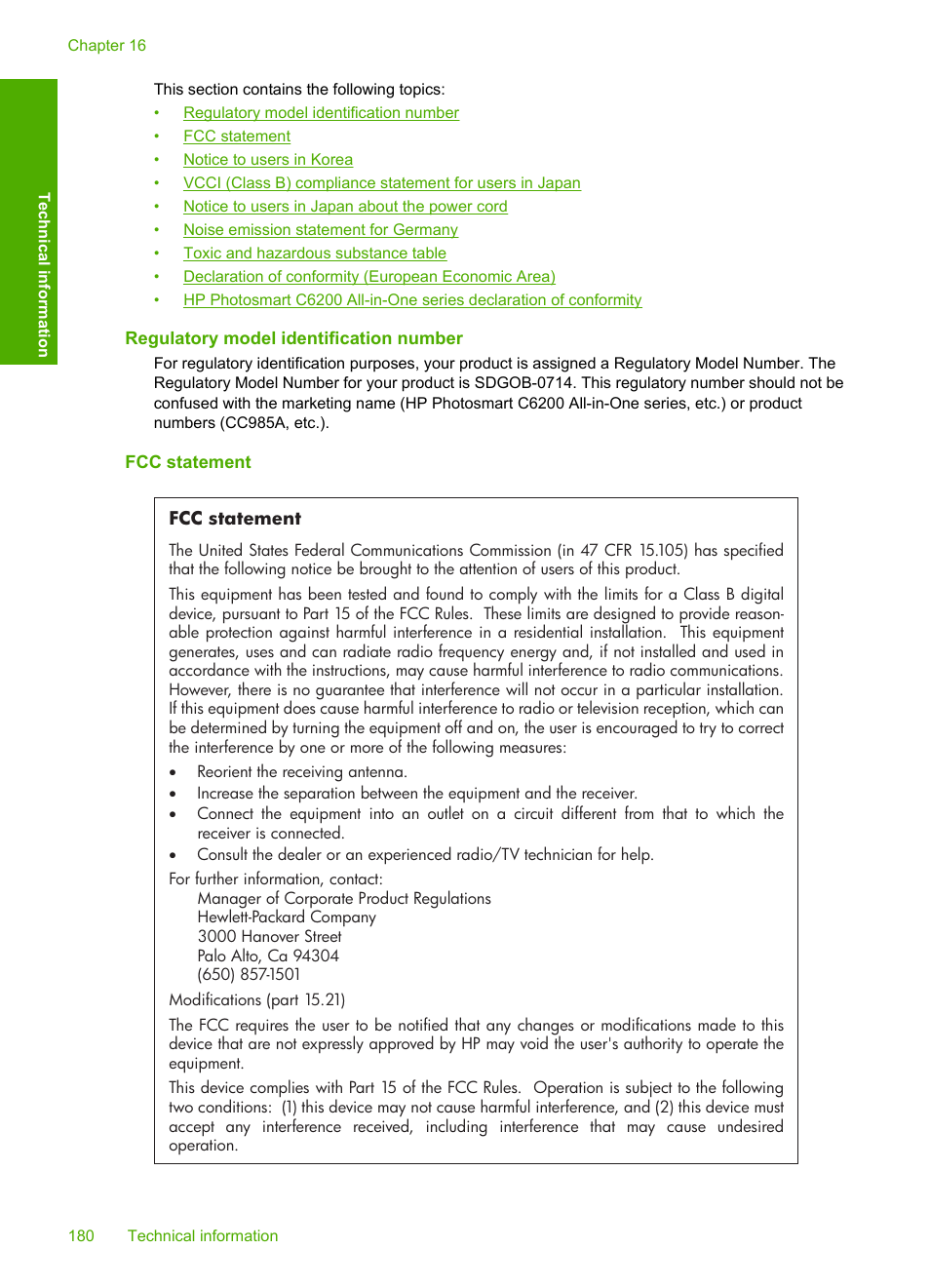 Regulatory model identification number, Fcc statement | HP Photosmart C6280 All-in-One Printer User Manual | Page 181 / 189