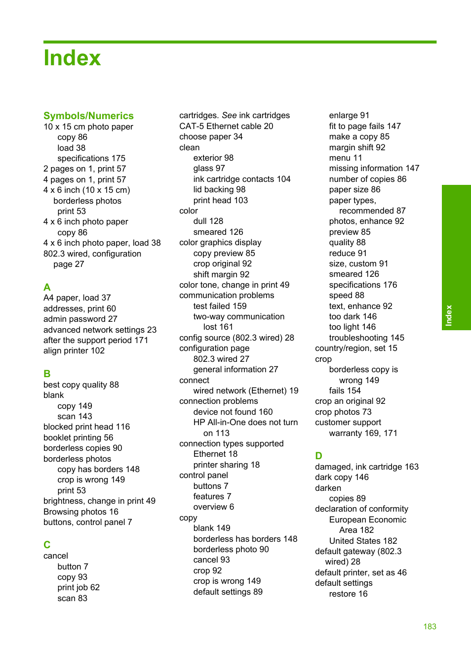 Index | HP Photosmart C6280 All-in-One Printer User Manual | Page 184 / 189