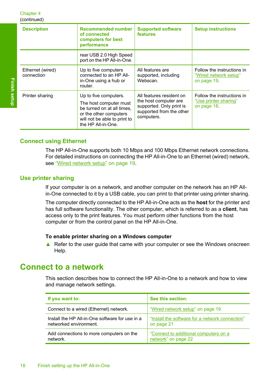 Connect using ethernet, Use printer sharing, Connect to a network | HP Photosmart C6280 All-in-One Printer User Manual | Page 19 / 189
