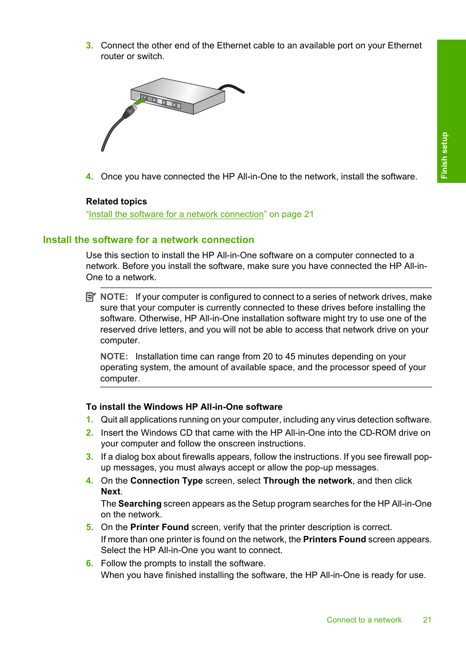 Install the software for a network connection | HP Photosmart C6280 All-in-One Printer User Manual | Page 22 / 189