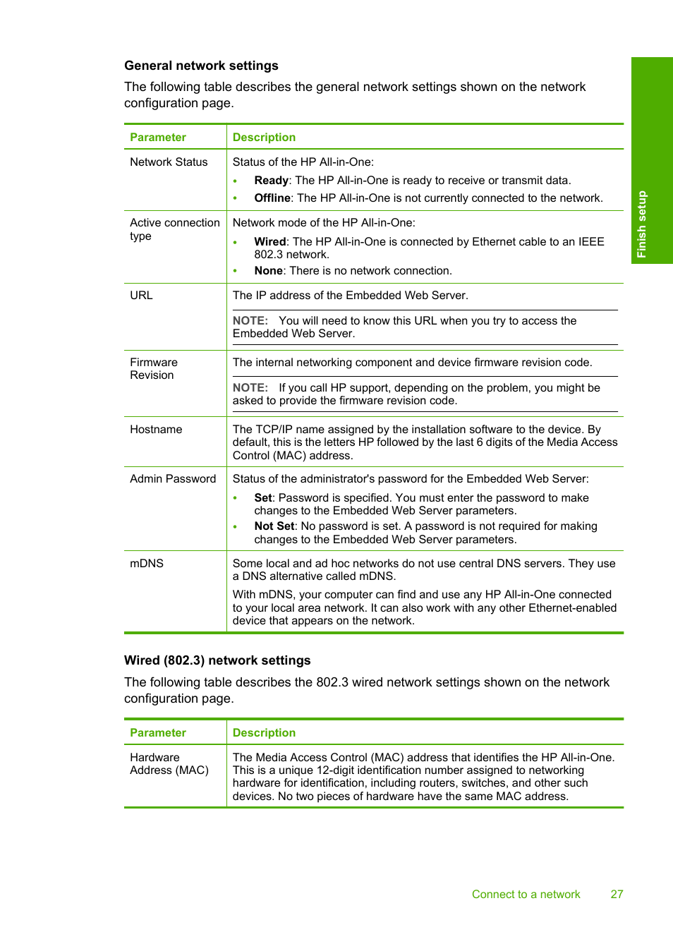 General network settings, Wired (802.3) network settings | HP Photosmart C6280 All-in-One Printer User Manual | Page 28 / 189