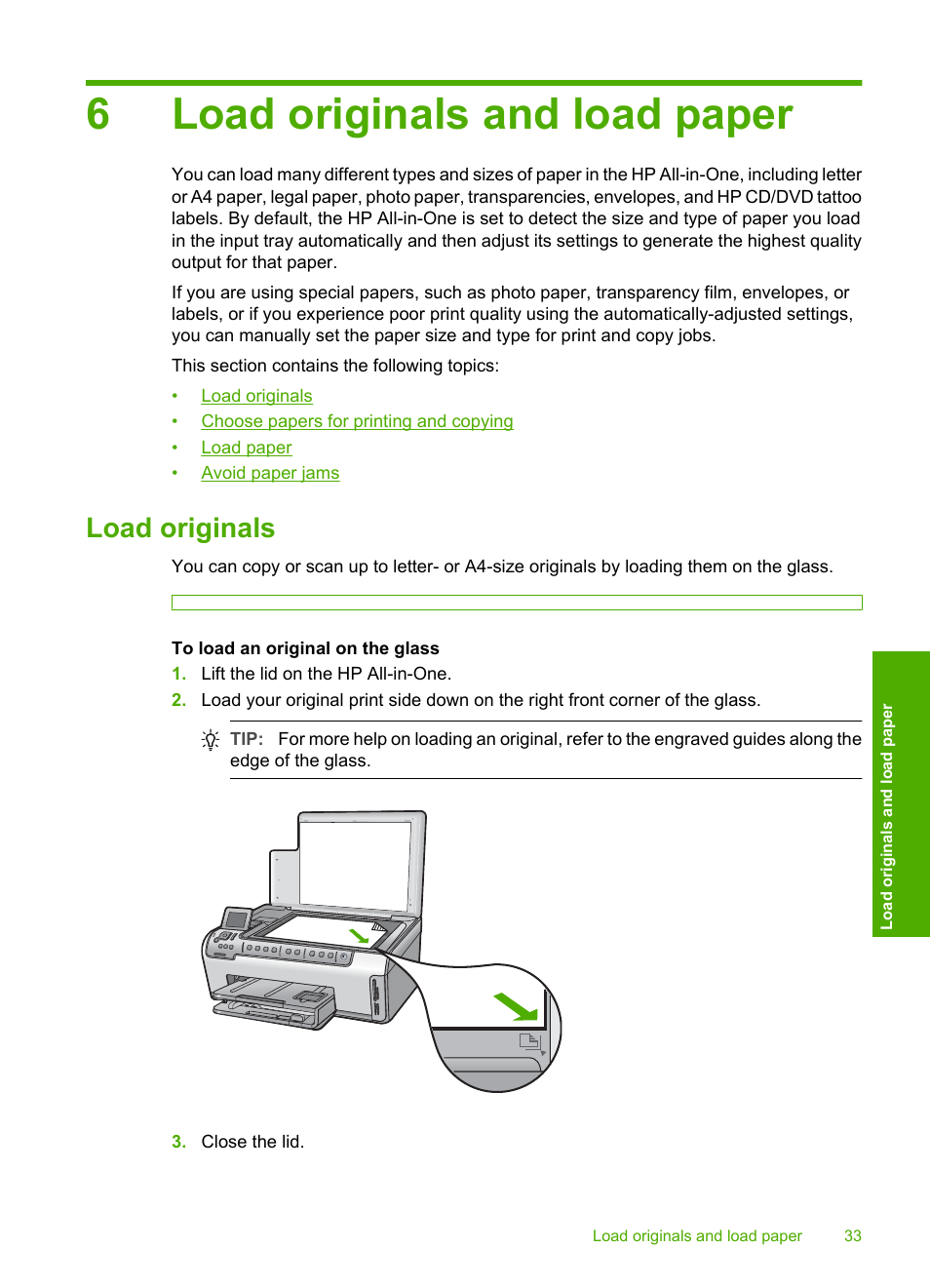 Load originals and load paper, Load originals, 6 load originals and load paper | 6load originals and load paper | HP Photosmart C6280 All-in-One Printer User Manual | Page 34 / 189