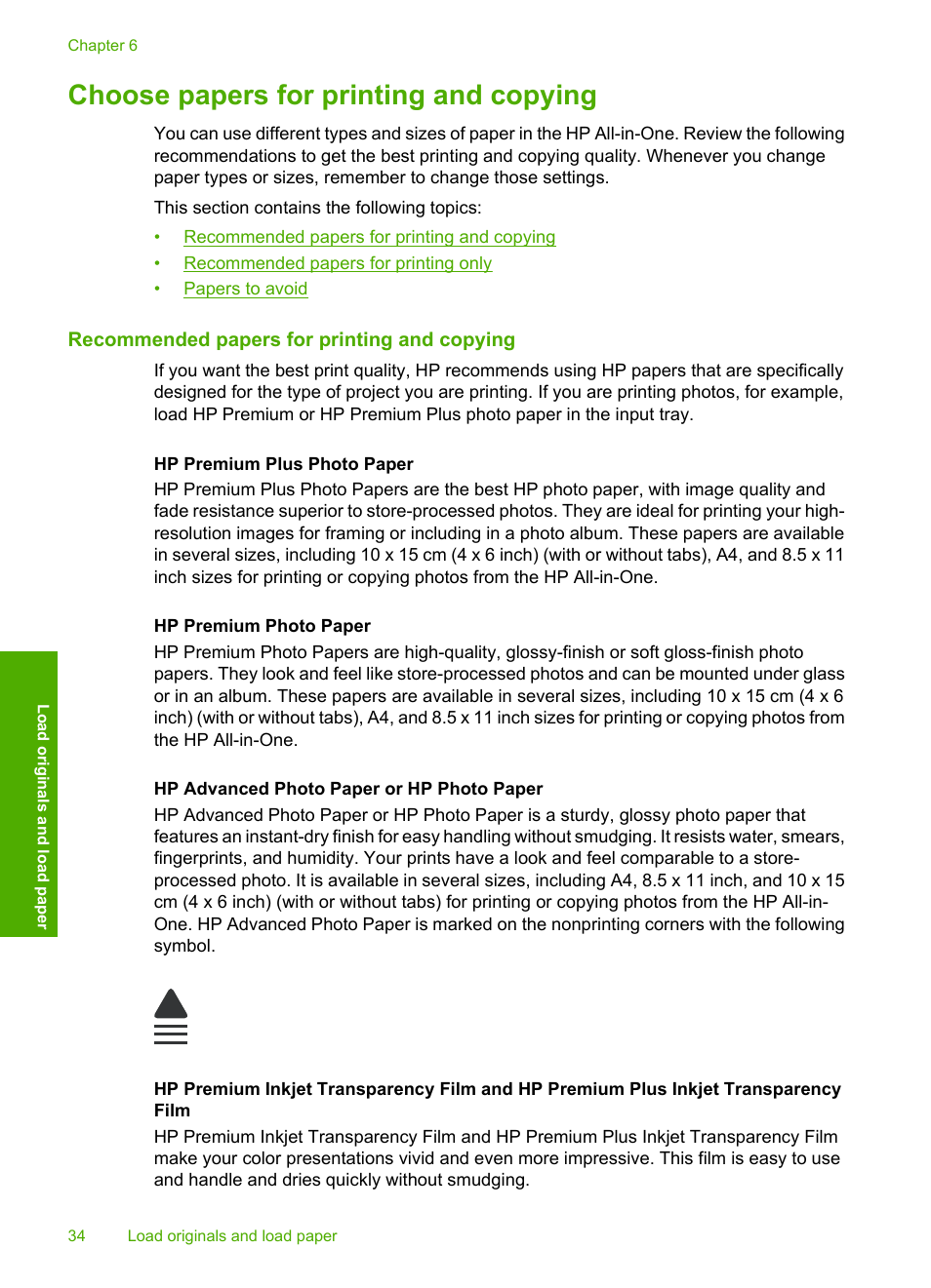 Choose papers for printing and copying, Recommended papers for printing and copying | HP Photosmart C6280 All-in-One Printer User Manual | Page 35 / 189