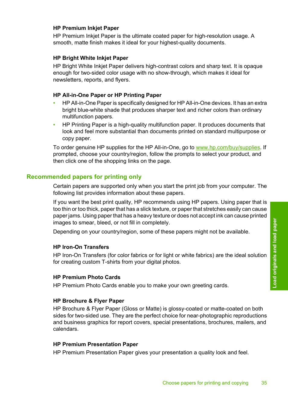 Recommended papers for printing only | HP Photosmart C6280 All-in-One Printer User Manual | Page 36 / 189