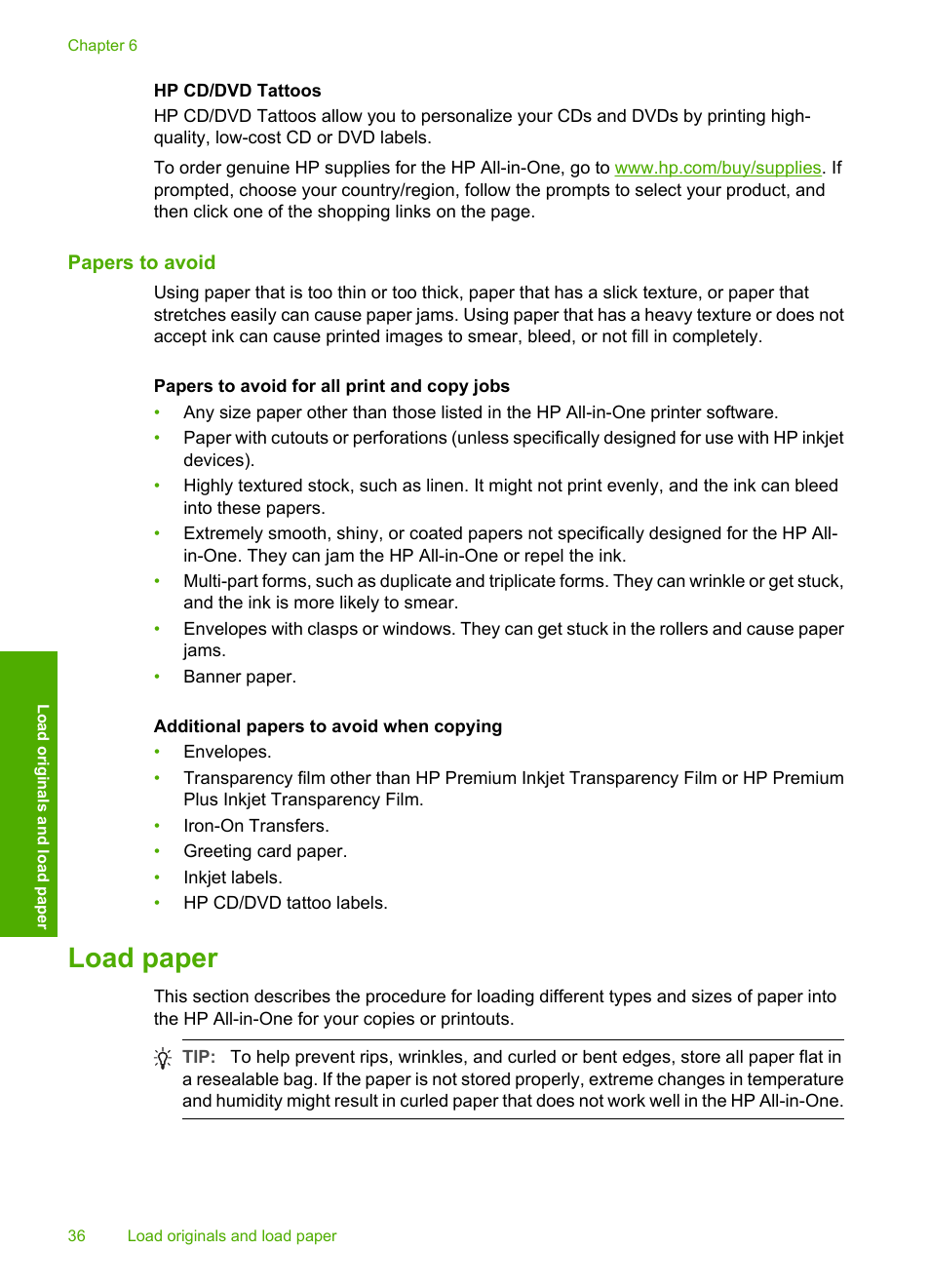 Papers to avoid, Load paper | HP Photosmart C6280 All-in-One Printer User Manual | Page 37 / 189